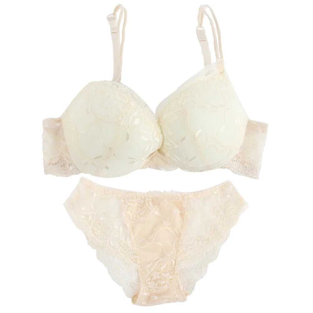 Women's Wireless Padded Lace Bra & Brief Set - 3/4 Cup Sexy Lingerie