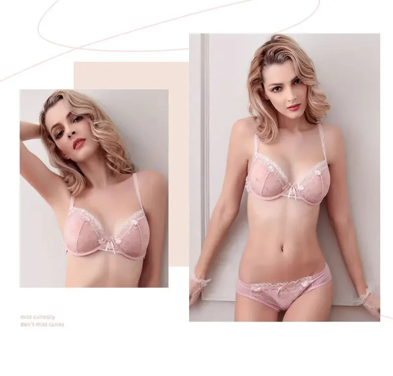 HUISONG Women's Lace Bra & Brief Set - 3/4 Cup Unlined Sexy Lingerie