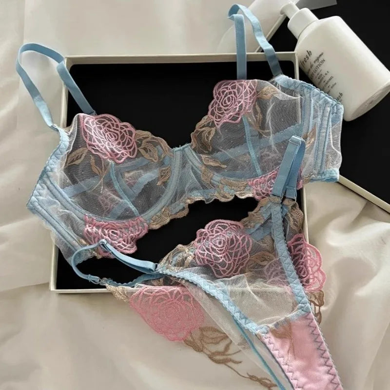 MOYISU Women's Underwire Bra & Brief Set - 3/4 Cup Push Up Plunge Embroidery S-4XL