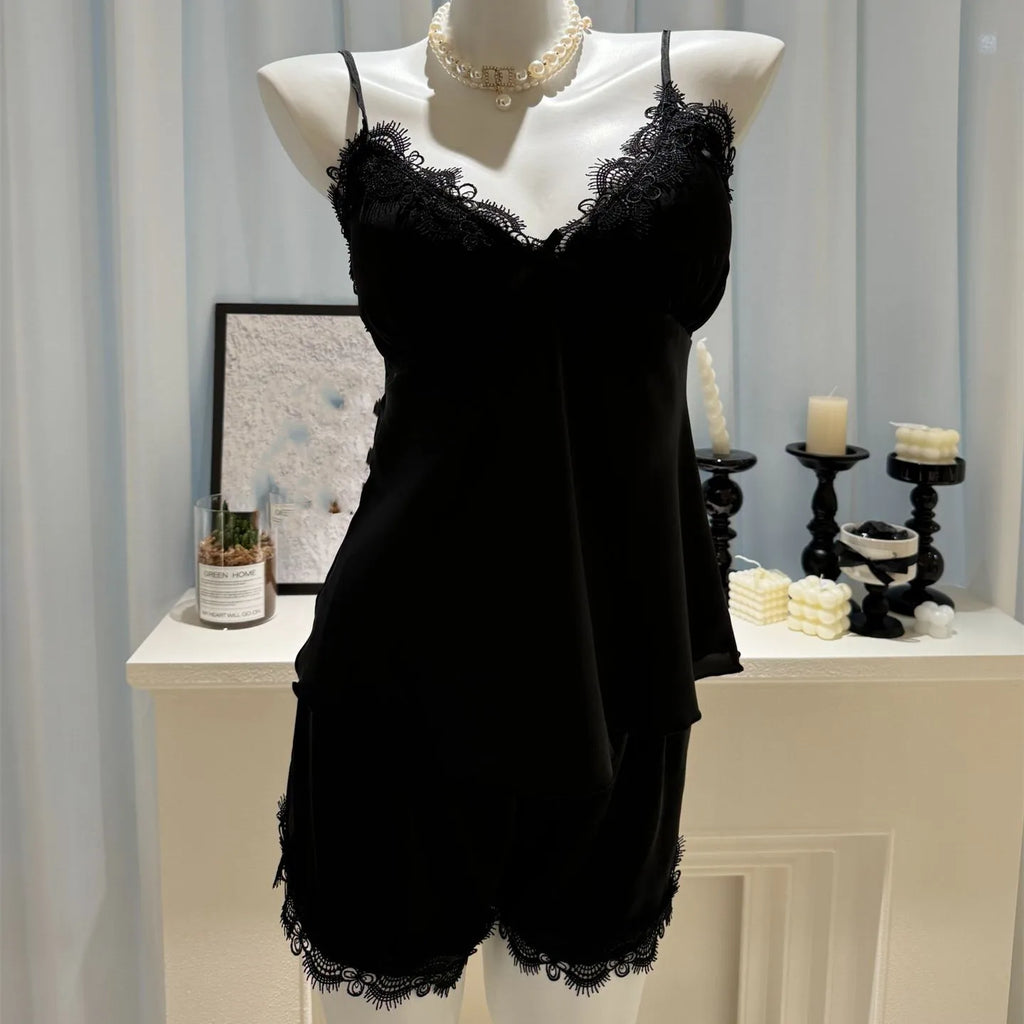 Women's Satin Pajama Set - 2-Piece Cami Top & Shorts Summer Sleepwear with Lace Trim