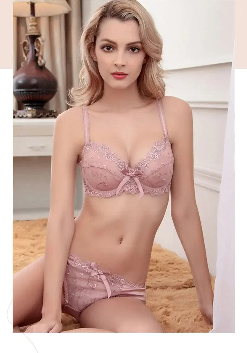 HUISONG Women's Lace Bra & Brief Set - 3/4 Cup Unlined Sexy Lingerie