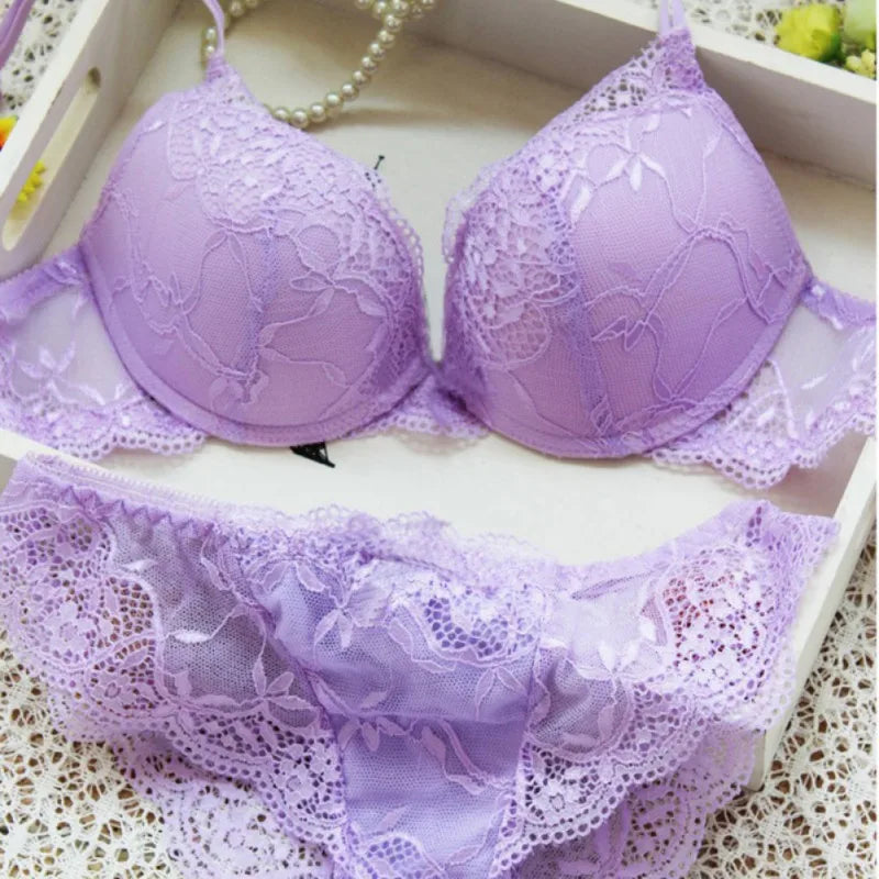 Women's Wireless Padded Lace Bra & Brief Set - 3/4 Cup Sexy Lingerie