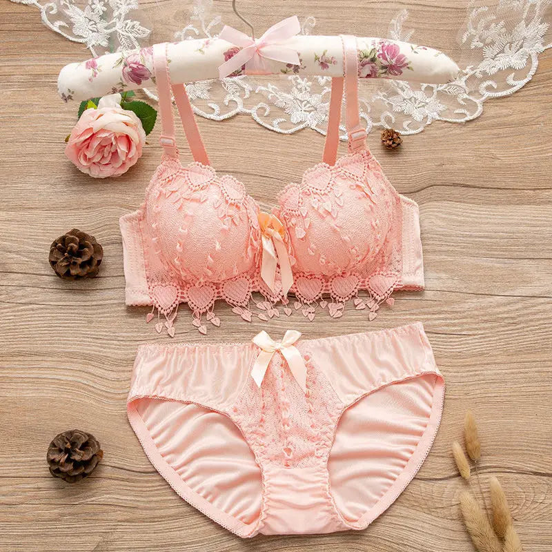 Women's Wireless Floral Bra & Brief Set - 3/4 Cup Push Up Bow Everyday Lingerie