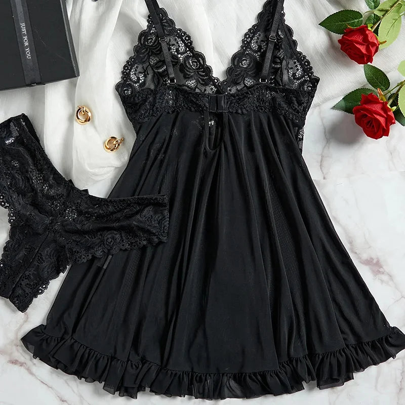 Sexy Lace V-Neck Nightgown - Sleeveless Mini