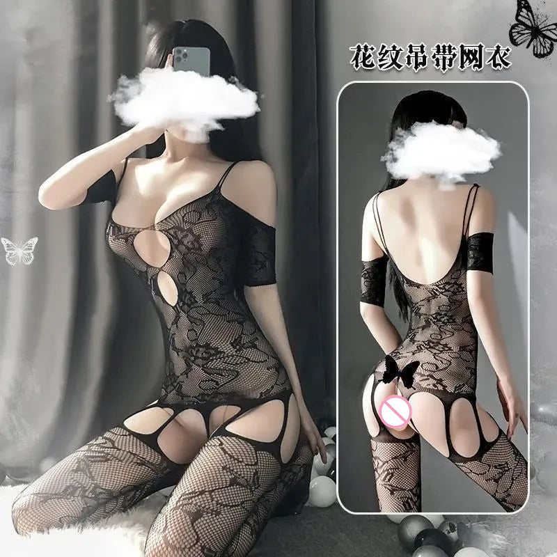 Women's Sexy Floral Bodystocking - Nylon Spandex Sheer Bodysuit Lingerie Nightwear