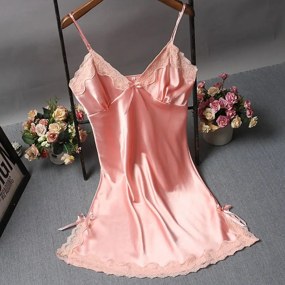 Women's Lace Trim Nightgown - Cute Patchwork V-Neck Sleeveless Silk Dress Camisole Sleepwear