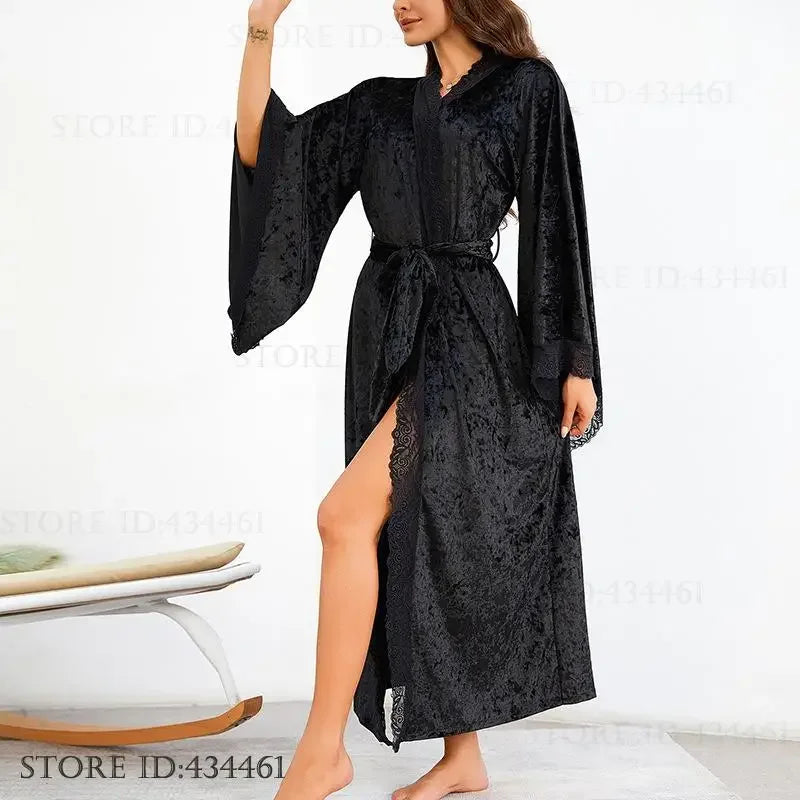 YZYOUTHZING Women's Velvet Long Robe - Ankle-Length Kimono Bathrobe with Lace Trim Sleepwear Nightgown