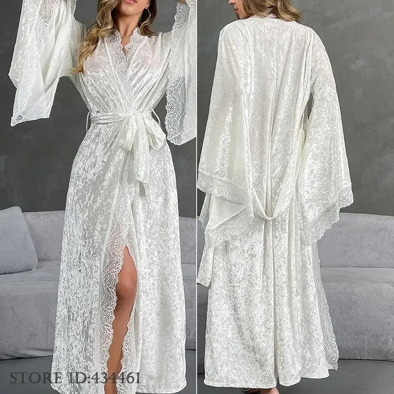 YZYOUTHZING Women's Velvet Long Robe - Ankle-Length Kimono Bathrobe with Lace Trim Sleepwear Nightgown