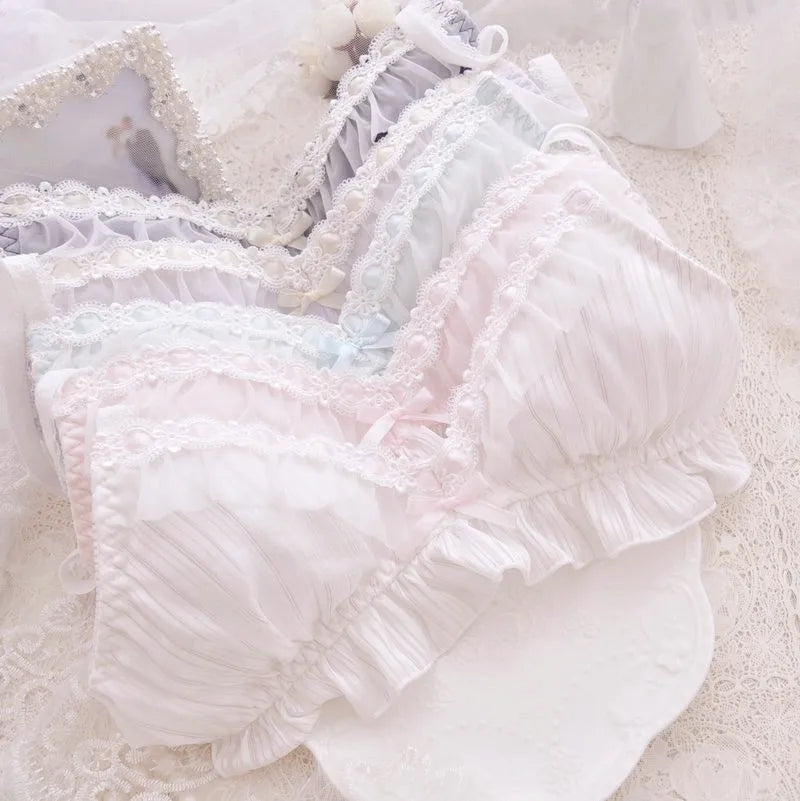 Women's Wireless Lace Bra & Brief Set - Lolita Style 3/4 Cup Push Up Lingerie M-XL