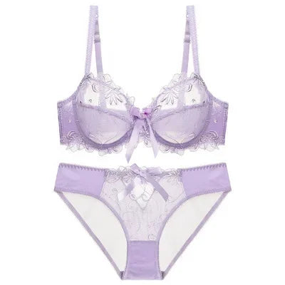 HUISONG Women's Lace Bra & Brief Set - 3/4 Cup Unlined Sexy Lingerie