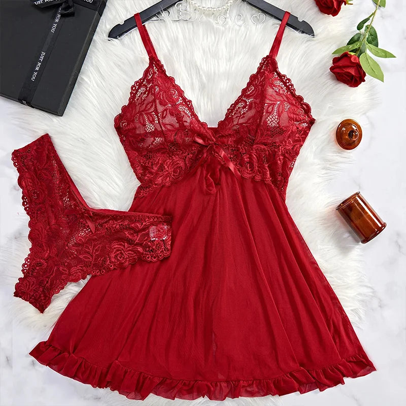Sexy Lace V-Neck Nightgown - Sleeveless Mini