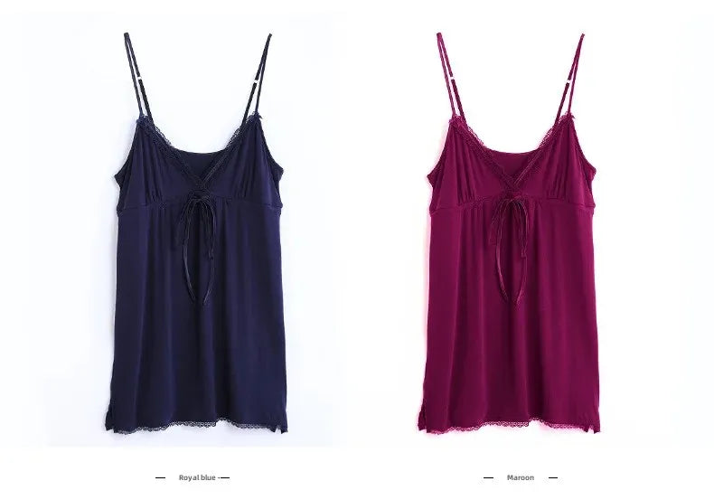 Women's Plus Size Modal Nightdress - Sexy V-Neck Sleeveless Lace Trim Spring Summer Sleepwear