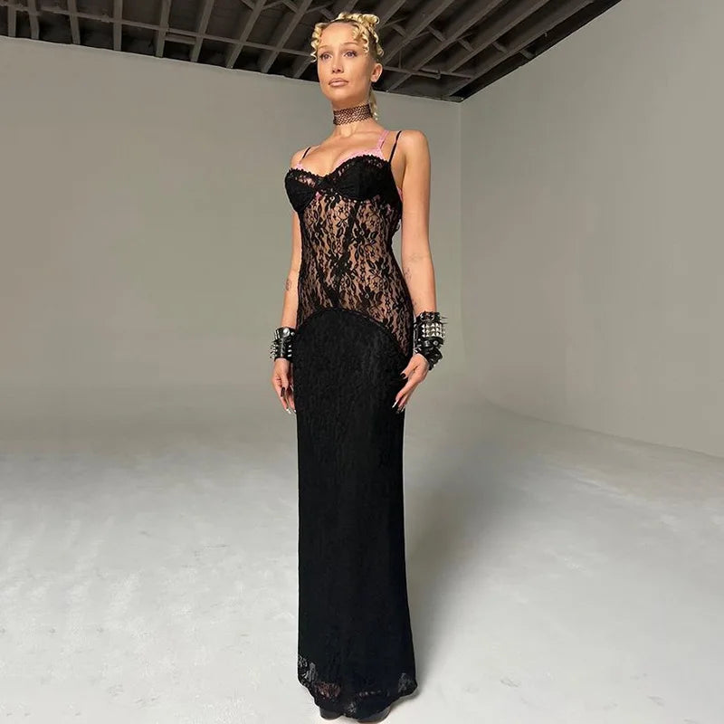 Women's Lace Sheer Strap Fashion Sexy Party Evening Gown