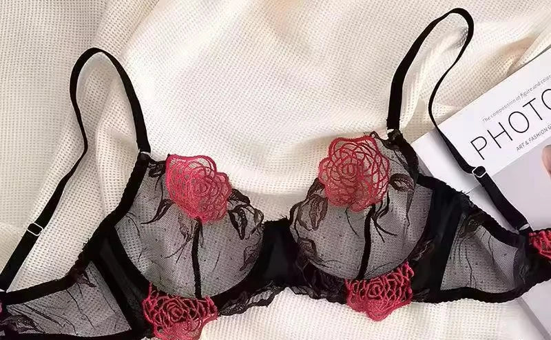 MOYISU Women's Underwire Bra & Brief Set - 3/4 Cup Push Up Plunge Embroidery S-4XL