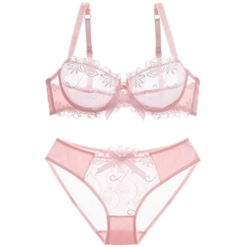 HUISONG Women's Lace Bra & Brief Set - 3/4 Cup Unlined Sexy Lingerie