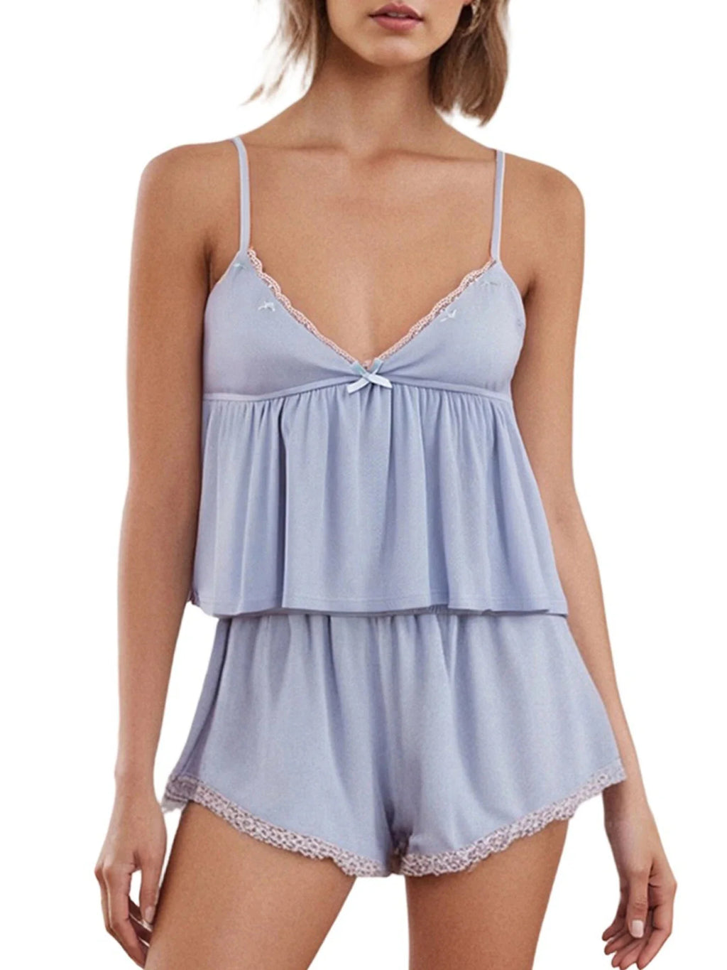 Imcute Women's Summer Pajama Set - 2-Piece Embroidery Lace Trim Camisole & Shorts Sleepwear