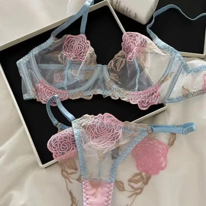 MOYISU Women's Underwire Bra & Brief Set - 3/4 Cup Push Up Plunge Embroidery S-4XL