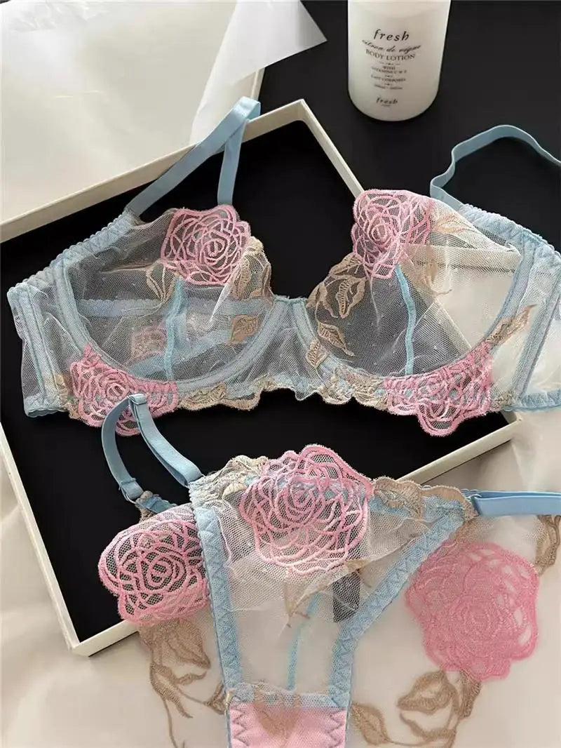 MOYISU Women's Underwire Bra & Brief Set - 3/4 Cup Push Up Plunge Embroidery S-4XL