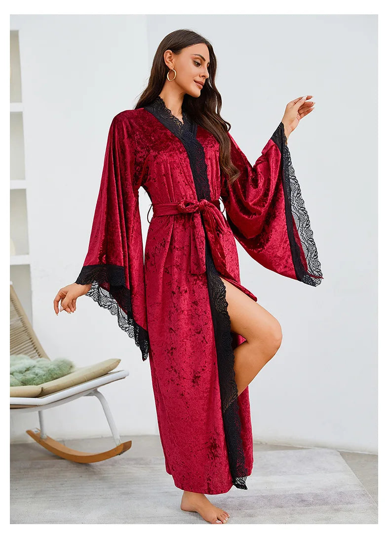 YZYOUTHZING Women's Velvet Long Robe - Ankle-Length Kimono Bathrobe with Lace Trim Sleepwear Nightgown