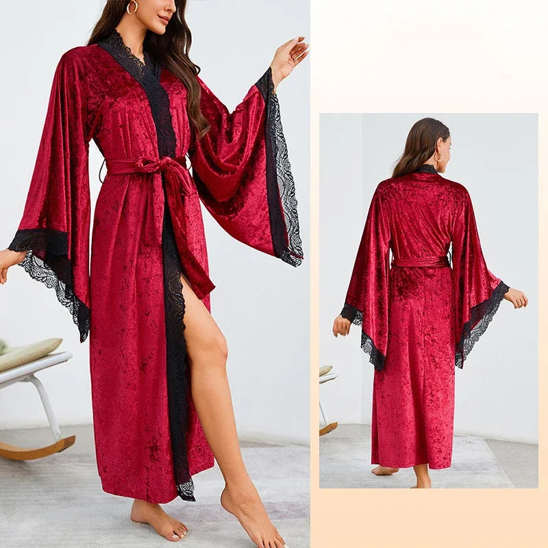 YZYOUTHZING Women's Velvet Long Robe - Ankle-Length Kimono Bathrobe with Lace Trim Sleepwear Nightgown