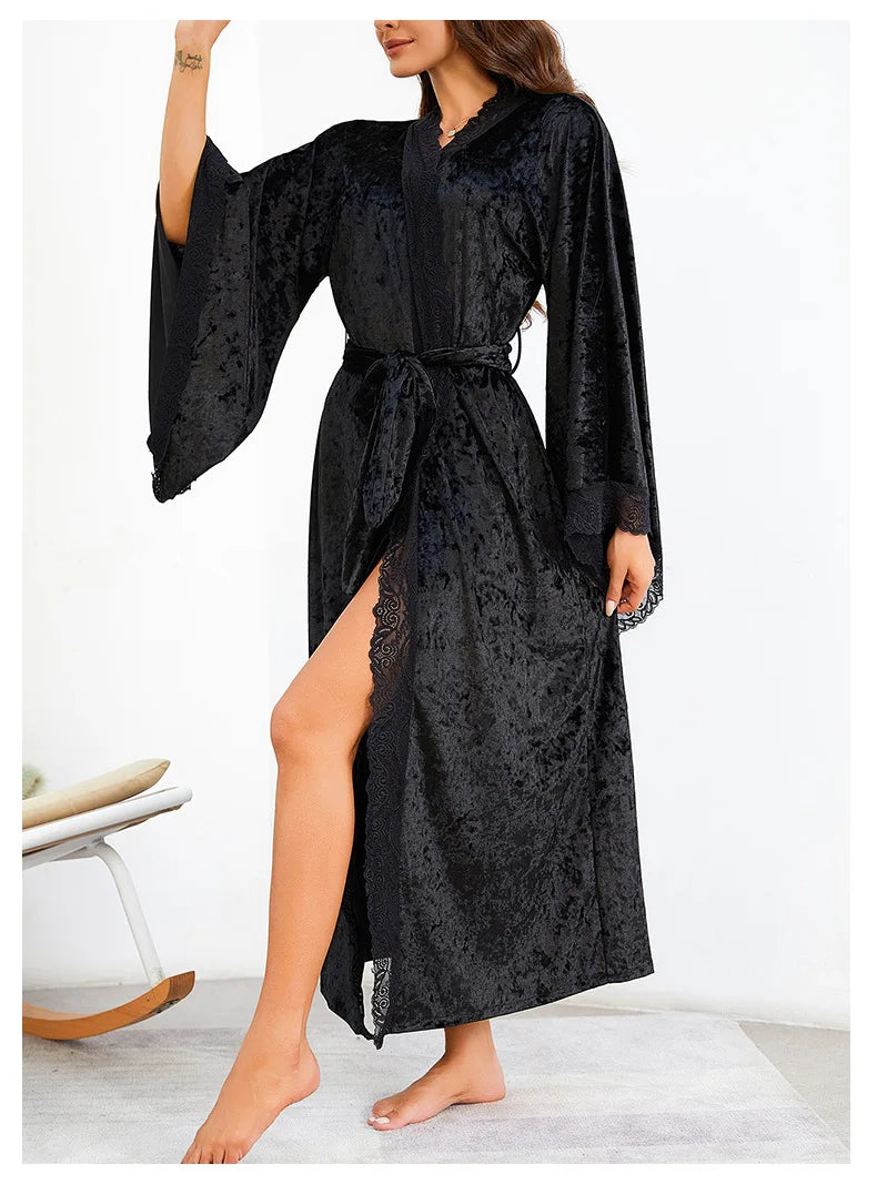 YZYOUTHZING Women's Velvet Long Robe - Ankle-Length Kimono Bathrobe with Lace Trim Sleepwear Nightgown