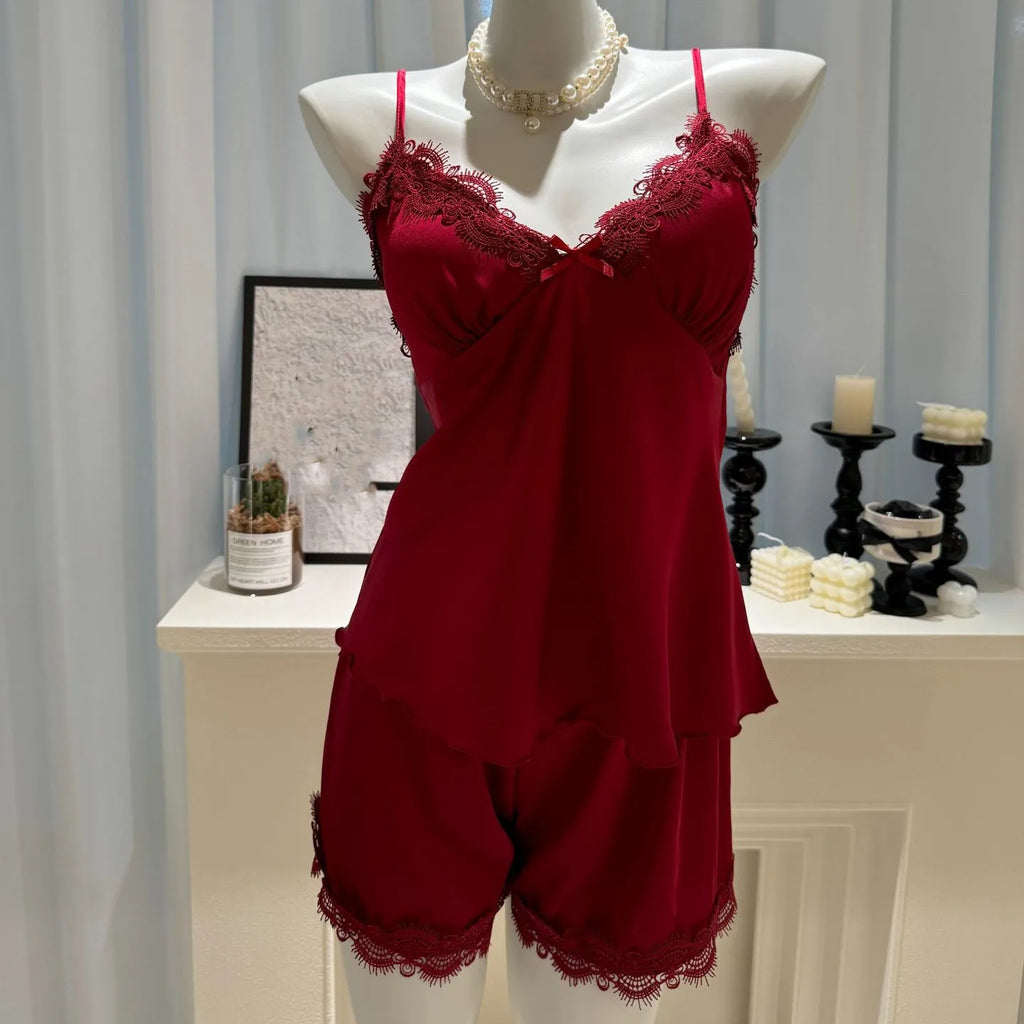 Women's Satin Pajama Set - 2-Piece Cami Top & Shorts Summer Sleepwear with Lace Trim