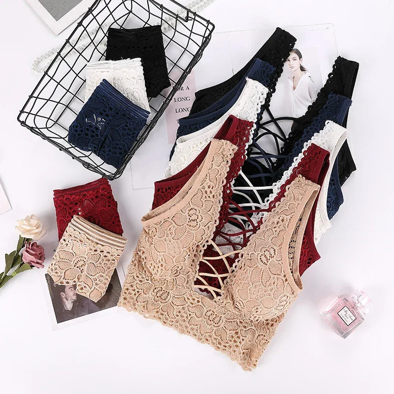 DAY DAY FUN Women's Wireless Seamless Bra & Brief Set - 3/4 Cup Lace Everyday Lingerie