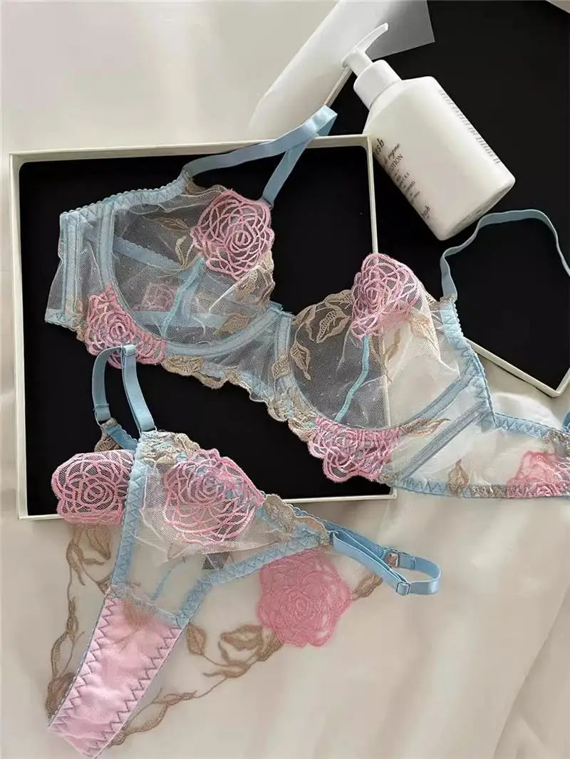 MOYISU Women's Underwire Bra & Brief Set - 3/4 Cup Push Up Plunge Embroidery S-4XL