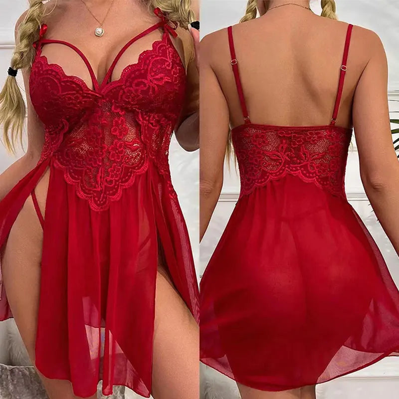 LQYCSX Sexy Lace V-Neck Nightgown with G-String