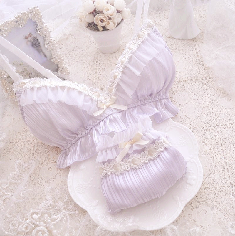 Women's Wireless Lace Bra & Brief Set - Lolita Style 3/4 Cup Push Up Lingerie M-XL