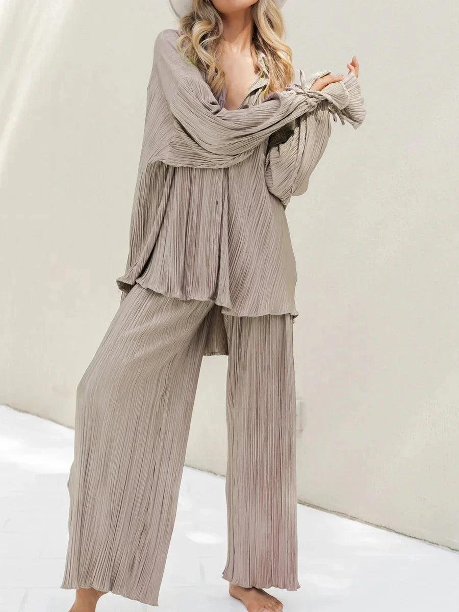 Women's Two-Piece Outfit - V-Neck Top & Wide Leg Pants NoEnName_Null