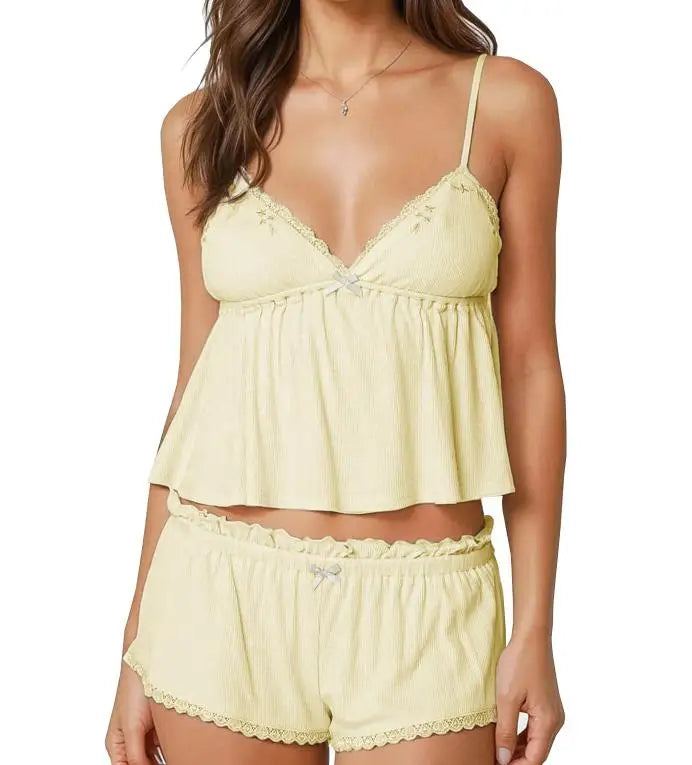 Imcute Women's Summer Pajama Set - 2-Piece Embroidery Lace Trim Camisole & Shorts Sleepwear