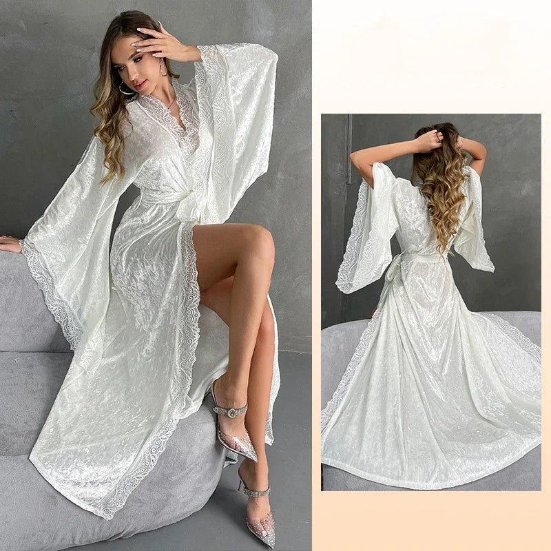 YZYOUTHZING Women's Velvet Long Robe - Ankle-Length Kimono Bathrobe with Lace Trim Sleepwear Nightgown