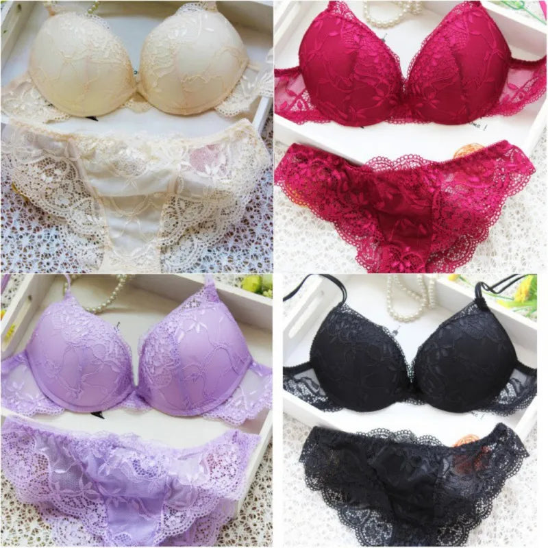 Women's Wireless Padded Lace Bra & Brief Set - 3/4 Cup Sexy Lingerie