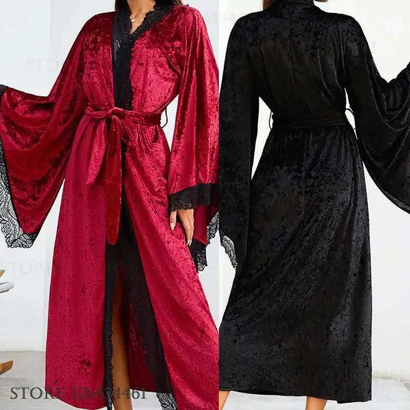 YZYOUTHZING Women's Velvet Long Robe - Ankle-Length Kimono Bathrobe with Lace Trim Sleepwear Nightgown