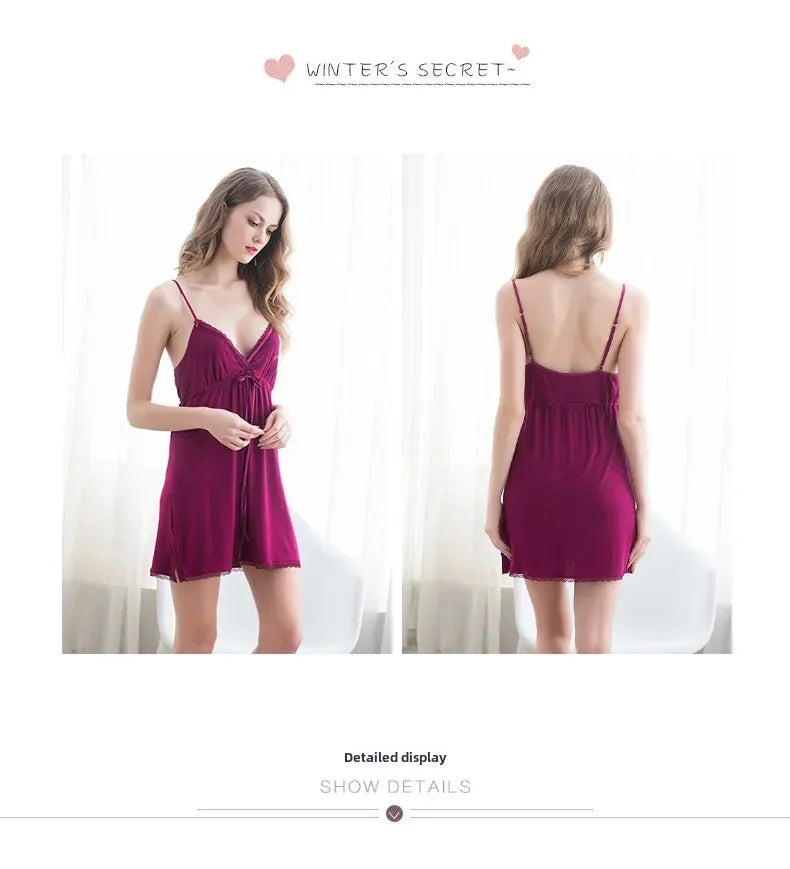 Women's Plus Size Modal Nightdress - Sexy V-Neck Sleeveless Lace Trim Spring Summer Sleepwear