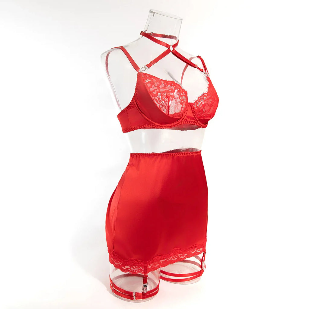 ELLOLACE Women's Sexy Lace Lingerie Set - Underwire Bra & Brief with Garter 3-Piece Set