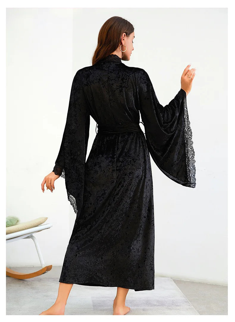 YZYOUTHZING Women's Velvet Long Robe - Ankle-Length Kimono Bathrobe with Lace Trim Sleepwear Nightgown