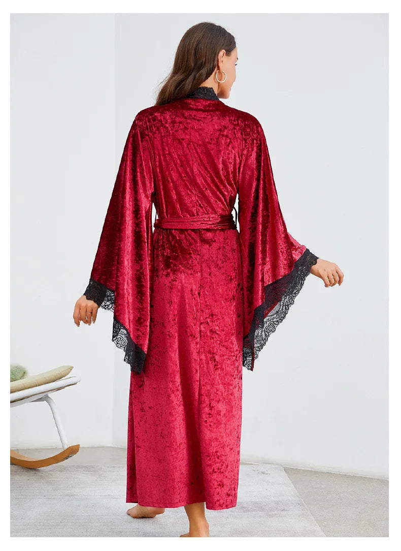 YZYOUTHZING Women's Velvet Long Robe - Ankle-Length Kimono Bathrobe with Lace Trim Sleepwear Nightgown