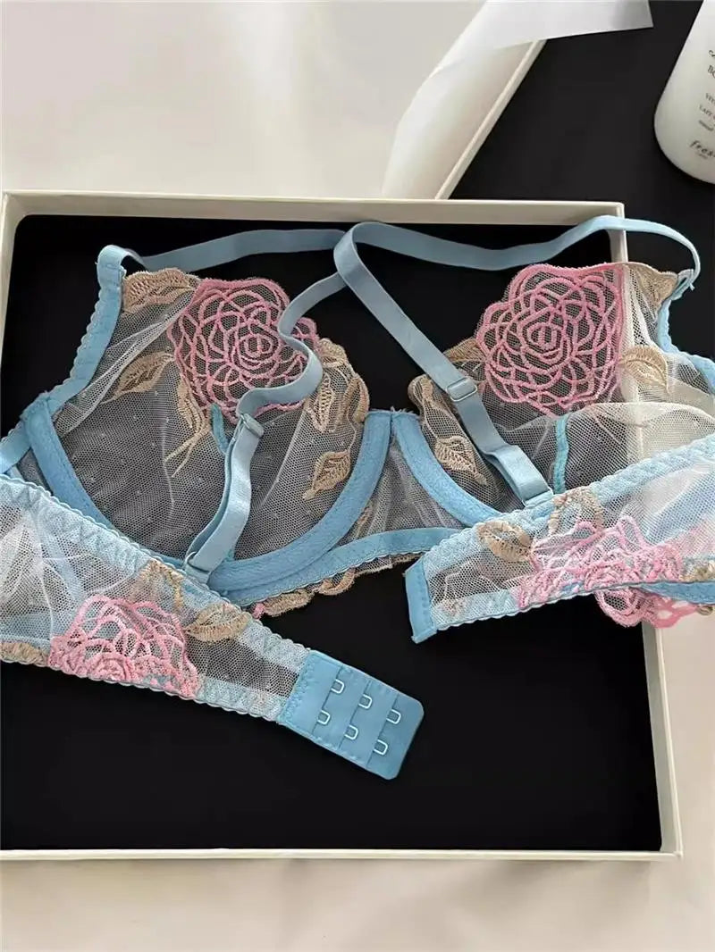 MOYISU Women's Underwire Bra & Brief Set - 3/4 Cup Push Up Plunge Embroidery S-4XL