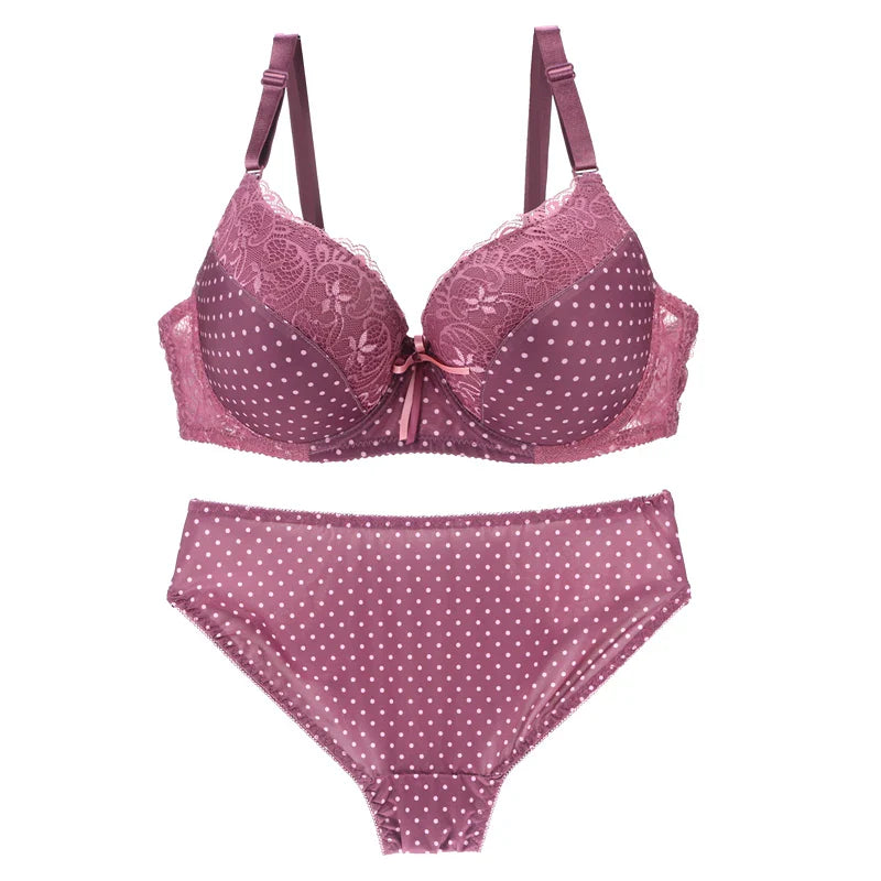 DAINAFANG Women's Underwire Push Up Bra & Brief Set - 3/4 Cup Bow Print Sexy Lingerie 32-44 BCDE