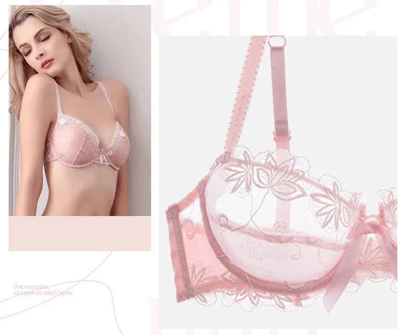 HUISONG Women's Lace Bra & Brief Set - 3/4 Cup Unlined Sexy Lingerie